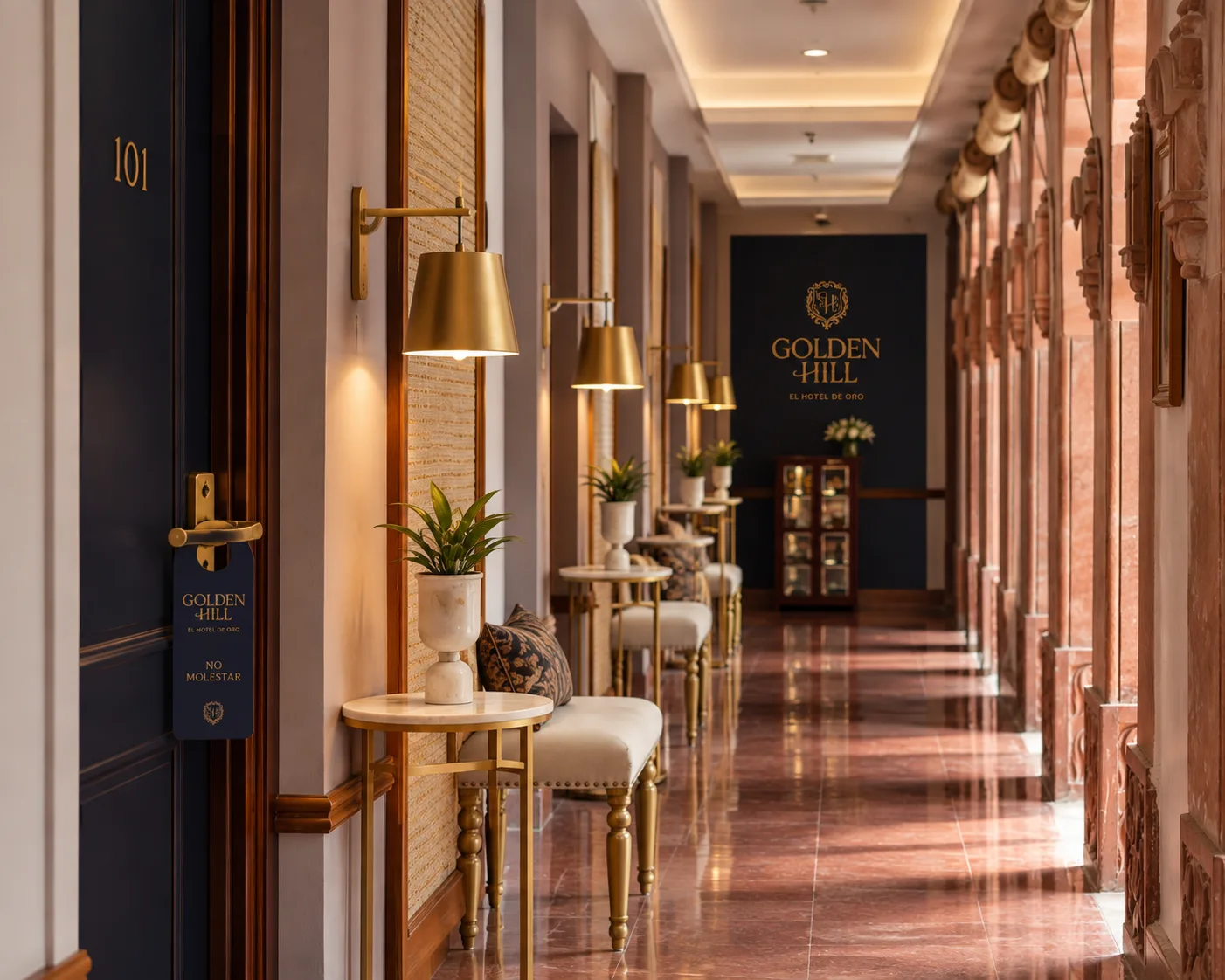 Golden Hill: interiores y señalética del pasillo