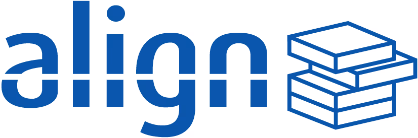 Blue stylized text 'align' with a graphic of stacked rectangular blocks to the right.
