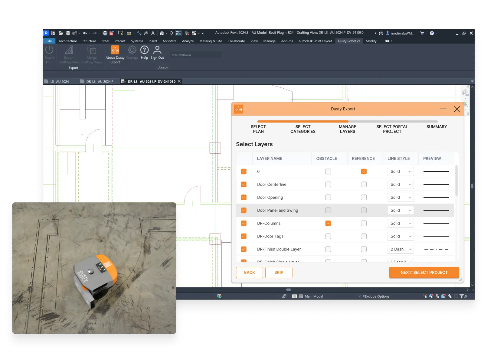 The Dusty Revit and AutoCAD export plugin 'Select Layers' dialog over a CAD floor plan, with an inset photo of the FieldPrinter on a slab.