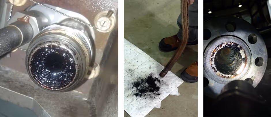 Coking buildup in FT8 fuel nozzle, gas supply header, and hoses.