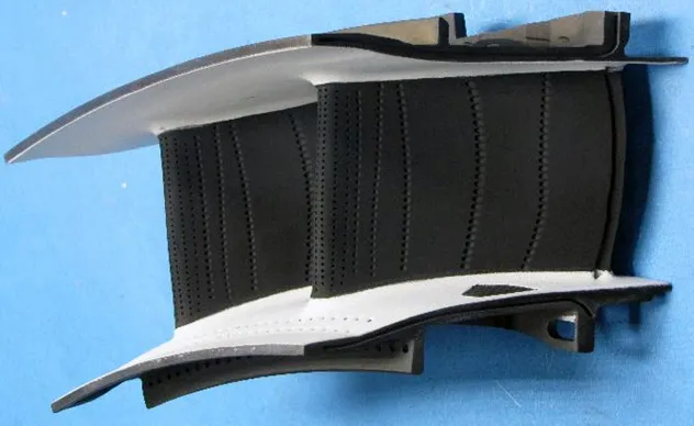 Repaired gas turbine nozzle guide vane after Liburdi LPM® process, fully restored to service-ready condition with rebuilt surfaces and cooling holes.