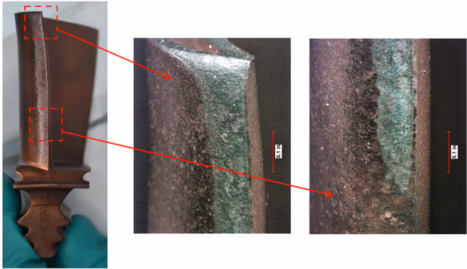 Microscopic examination of leading-edge material loss on gas turbine blade during life analysis
