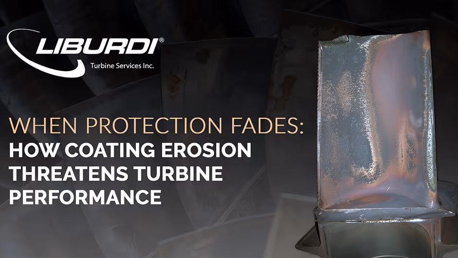 Gas turbine blade showing coating oxidation and erosion damage with surface discoloration and material loss