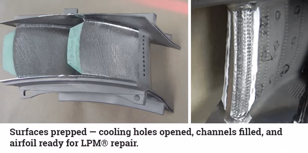 SGT-A35 RB211 nozzle guide vane prepped for LPM repair with cleaned surfaces and open holes