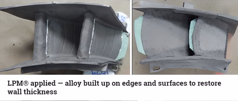 SGT-A35 RB211 nozzle guide vane during LPM repair with alloy rebuild on airfoil surfaces