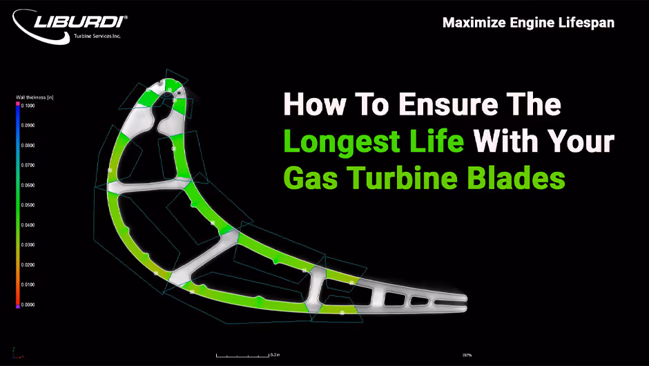 Gas turbine blade wall thickness heat map showing reduced areas and repair life analysis
