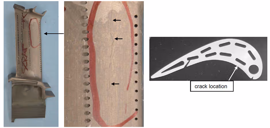 RB211 HPT turbine blade with thin wall airfoil and radial cracking location shown