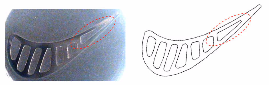 Gas turbine blade cross-section showing thin walls from casting core shift near cooling passages