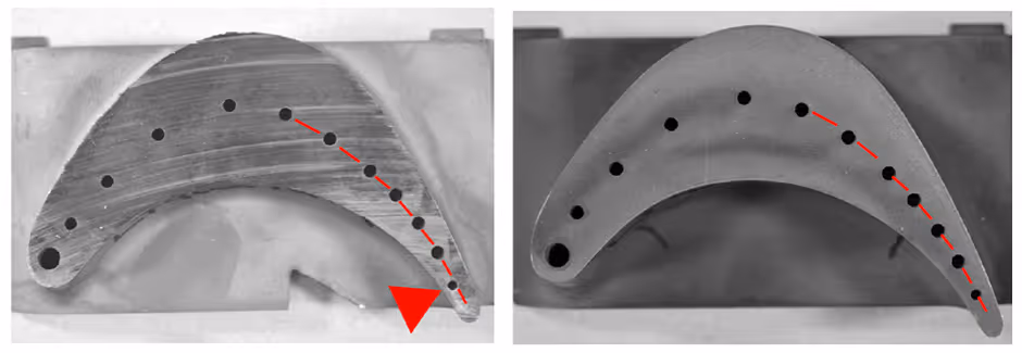 Gas turbine blade cross-sections showing misplaced cooling holes vs proper alignment