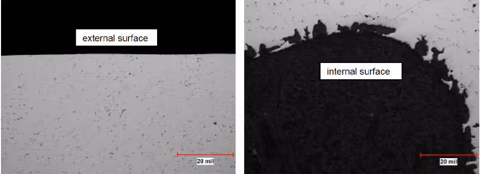 Gas turbine blade micrographs showing smooth outer surface and pitted inner surface after stripping