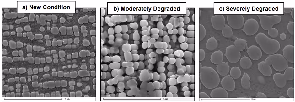 René 80 alloy micrographs showing gamma prime in new, degraded, and severely degraded states
