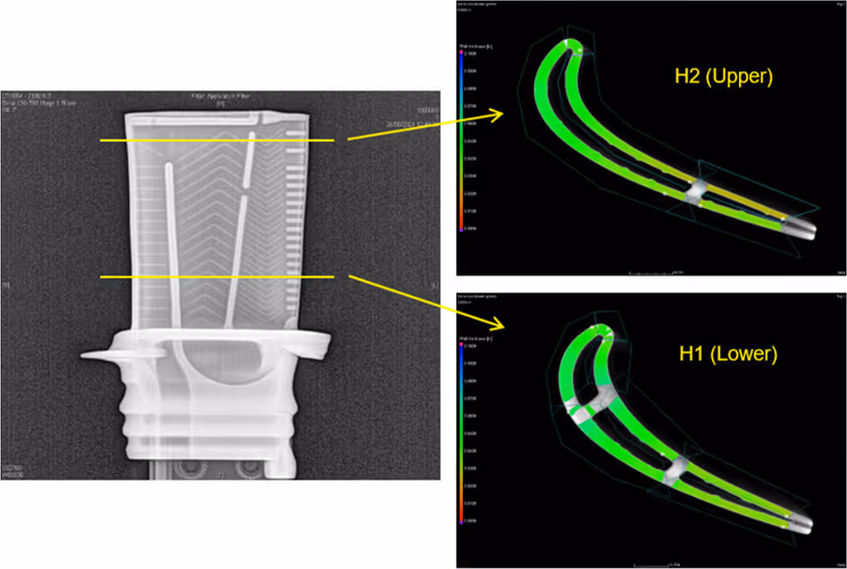 Solar T60 blade CT scan showing internal X-ray and wall thickness analysis at two heights