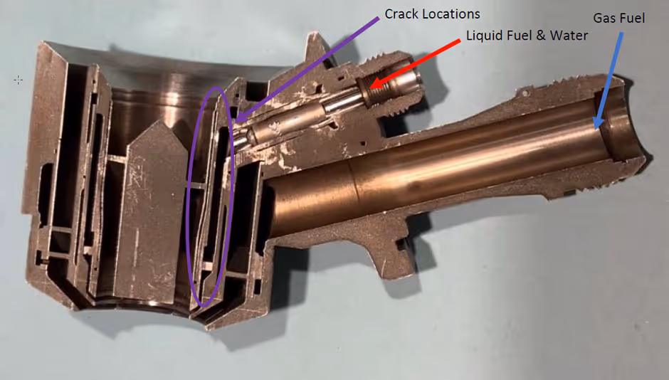 FT8 fuel nozzle cutaway showing crack locations and fuel passages.