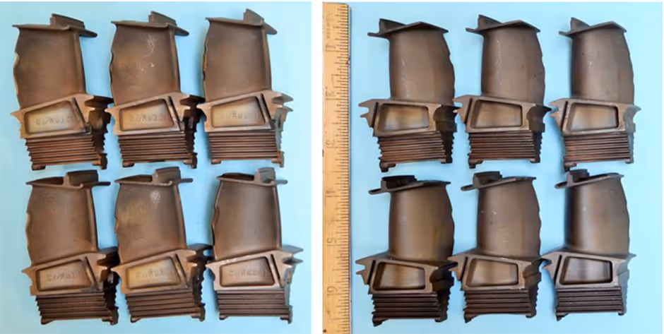 As received SGT-100 turbine blades for repair demonstration with service wear