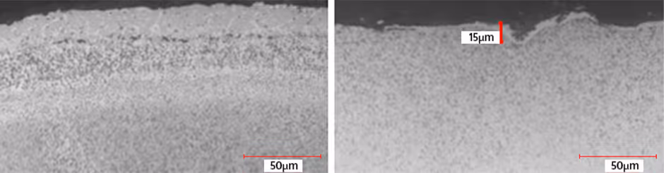 External coated and internal uncoated airfoil surfaces showing microstructure condition