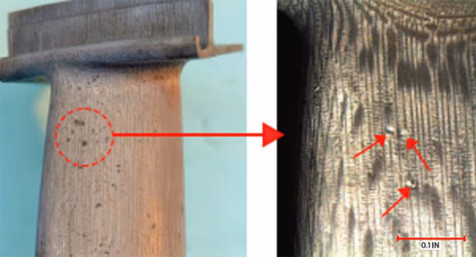Recrystallized grains on single crystal turbine blade airfoil after FSR inspection