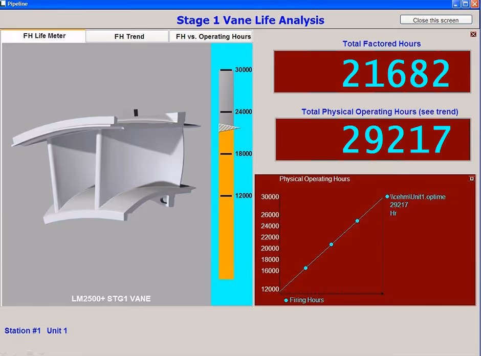 Stage 1 vane life analysis showing operating hours and remaining component life