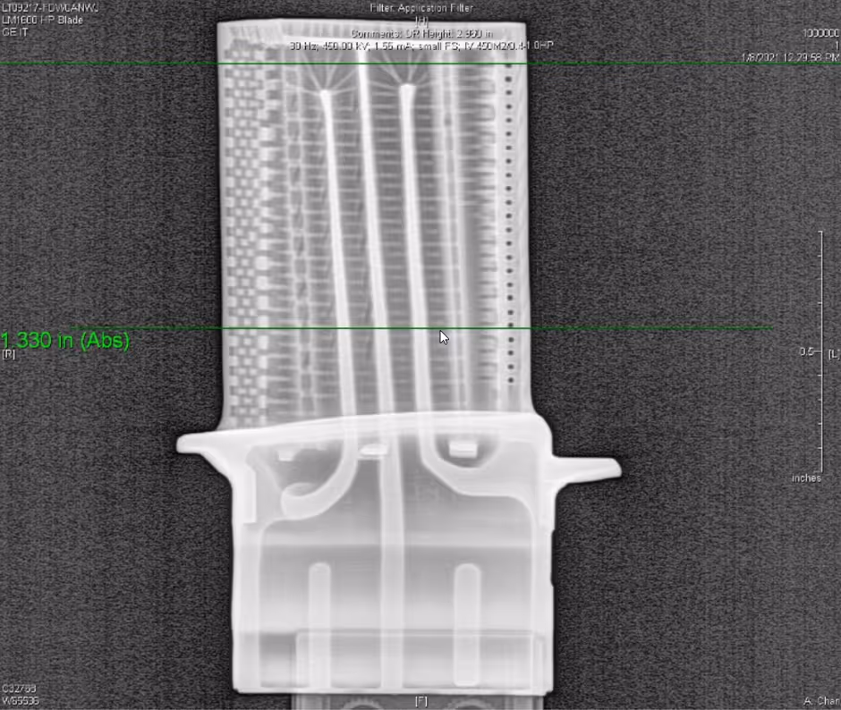 CT X-ray of gas turbine blade showing internal cooling channels and structure