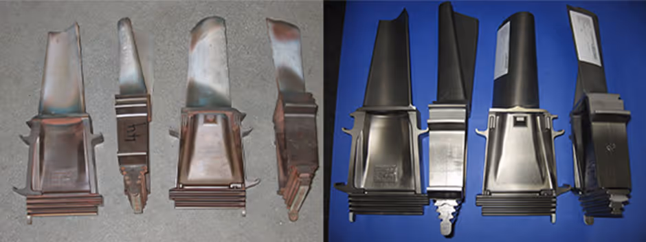 Gas turbine blades before and after FSR repair showing restored condition and finish
