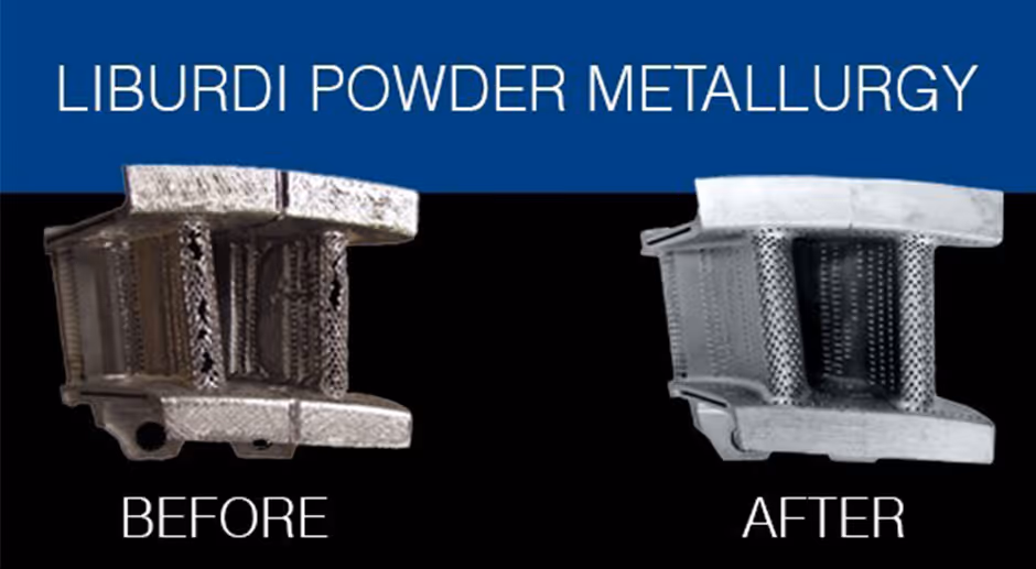 Before and after gas turbine vane repair using Liburdi Powder Metallurgy (LPM®).