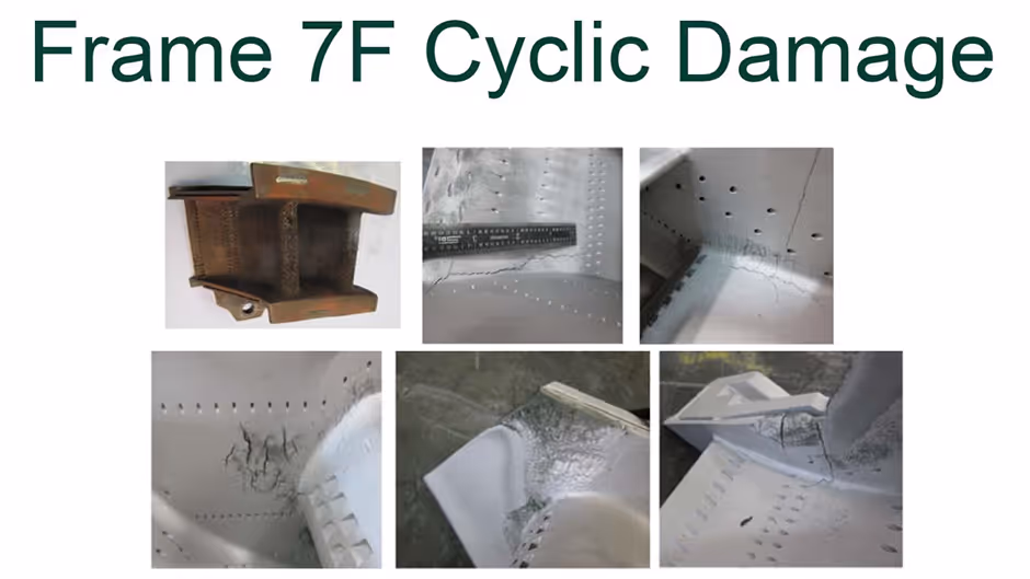 Examples of thermo-mechanical fatigue cracking in Frame 7F turbine components.