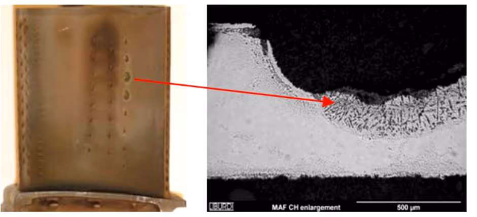 Oxidation damage around film cooling holes in an aeroderivative HPT blade.