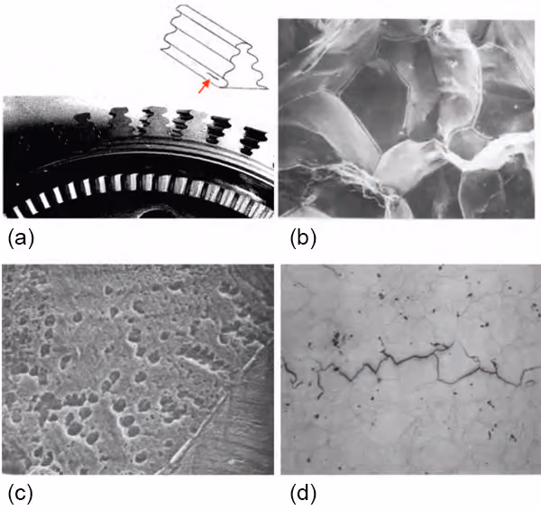 Micrographs showing creep damage in a gas turbine disc.