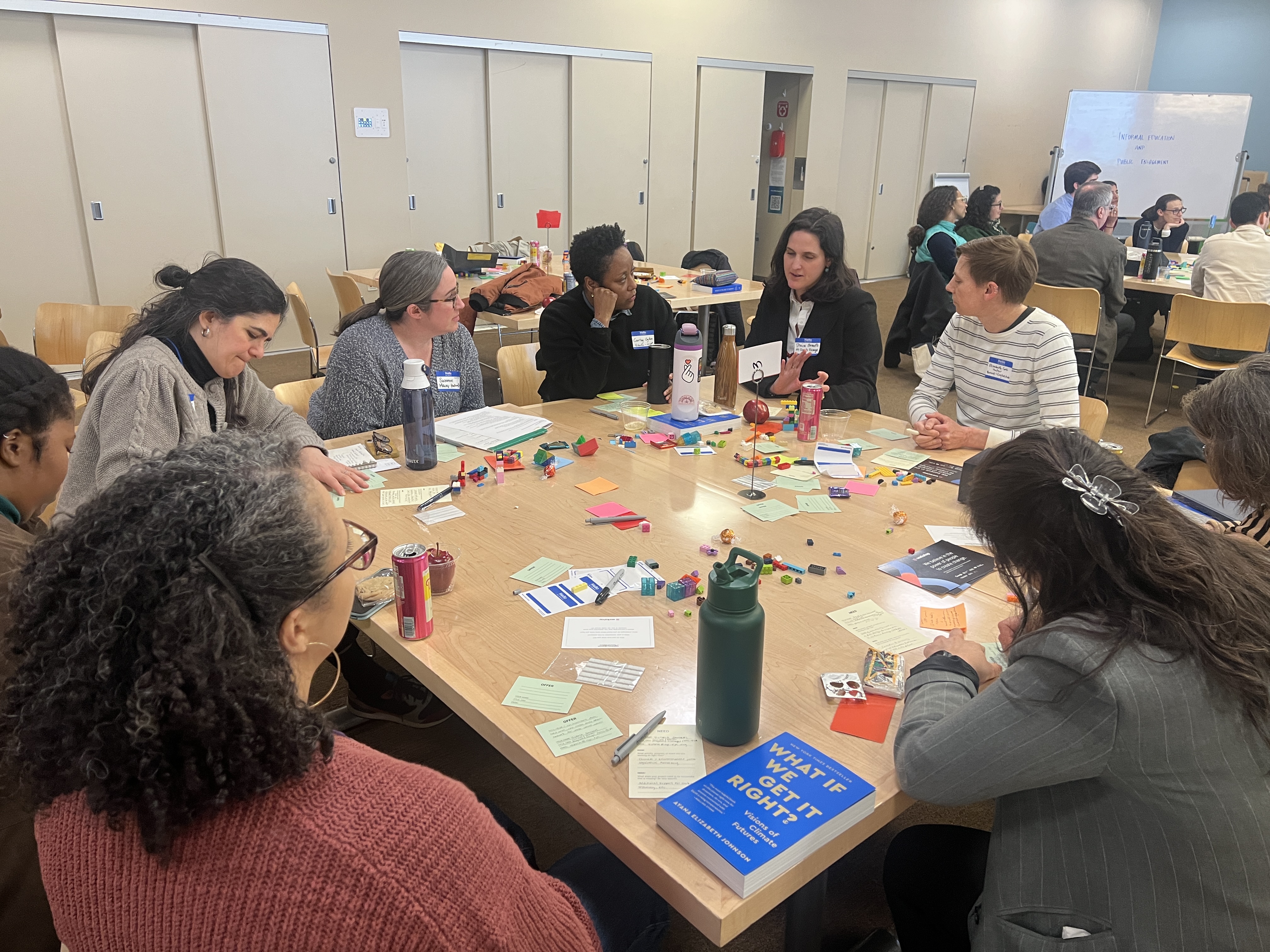 Group of people collaborating around a table with notes and materials during a facilitated workshop.