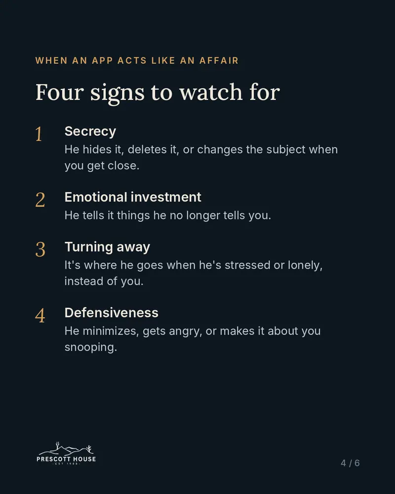 Four signs an AI chatbot is acting like an affair: secrecy, emotional investment, turning away, and defensiveness