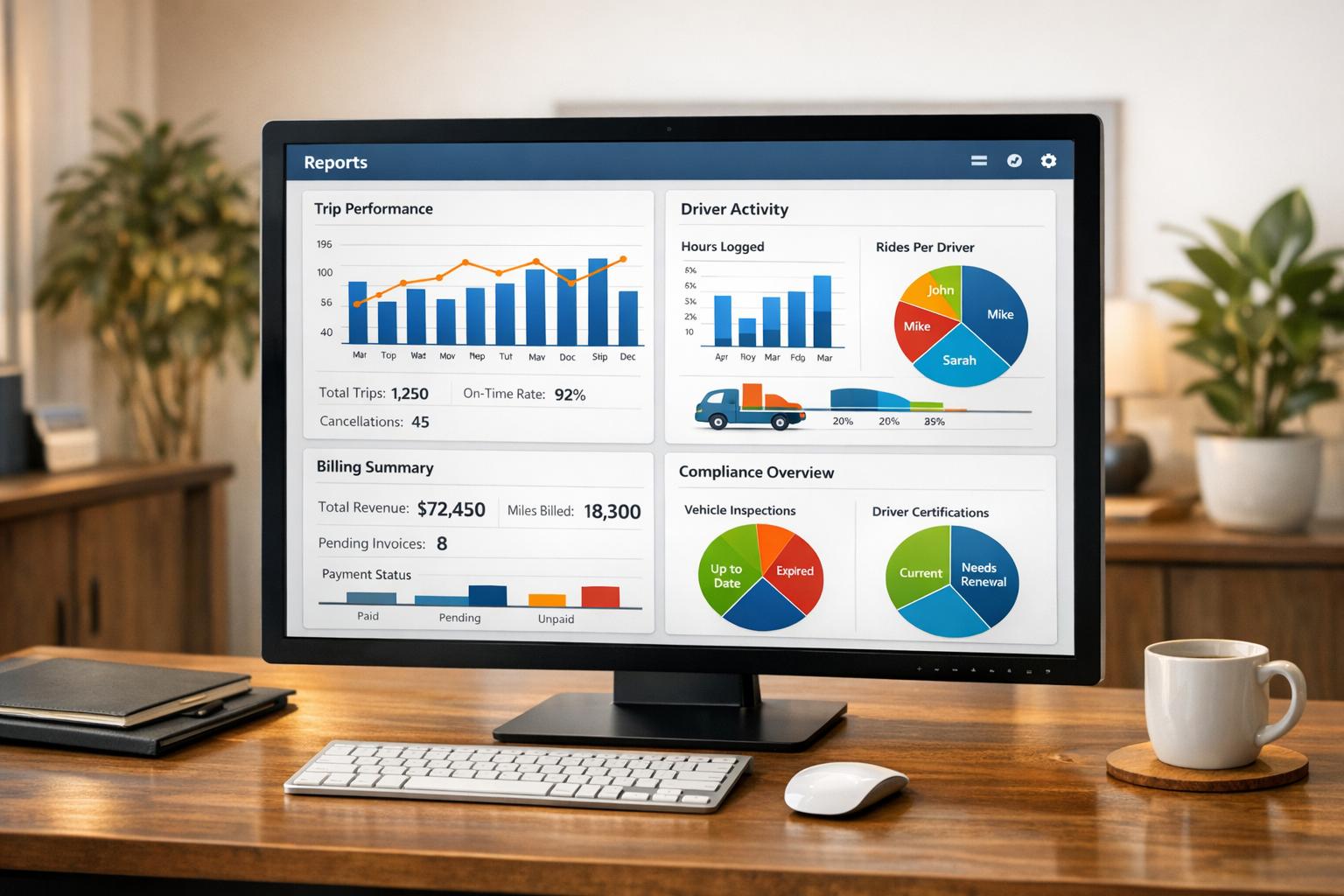 What reports can NEMT companies generate with dispatch software?