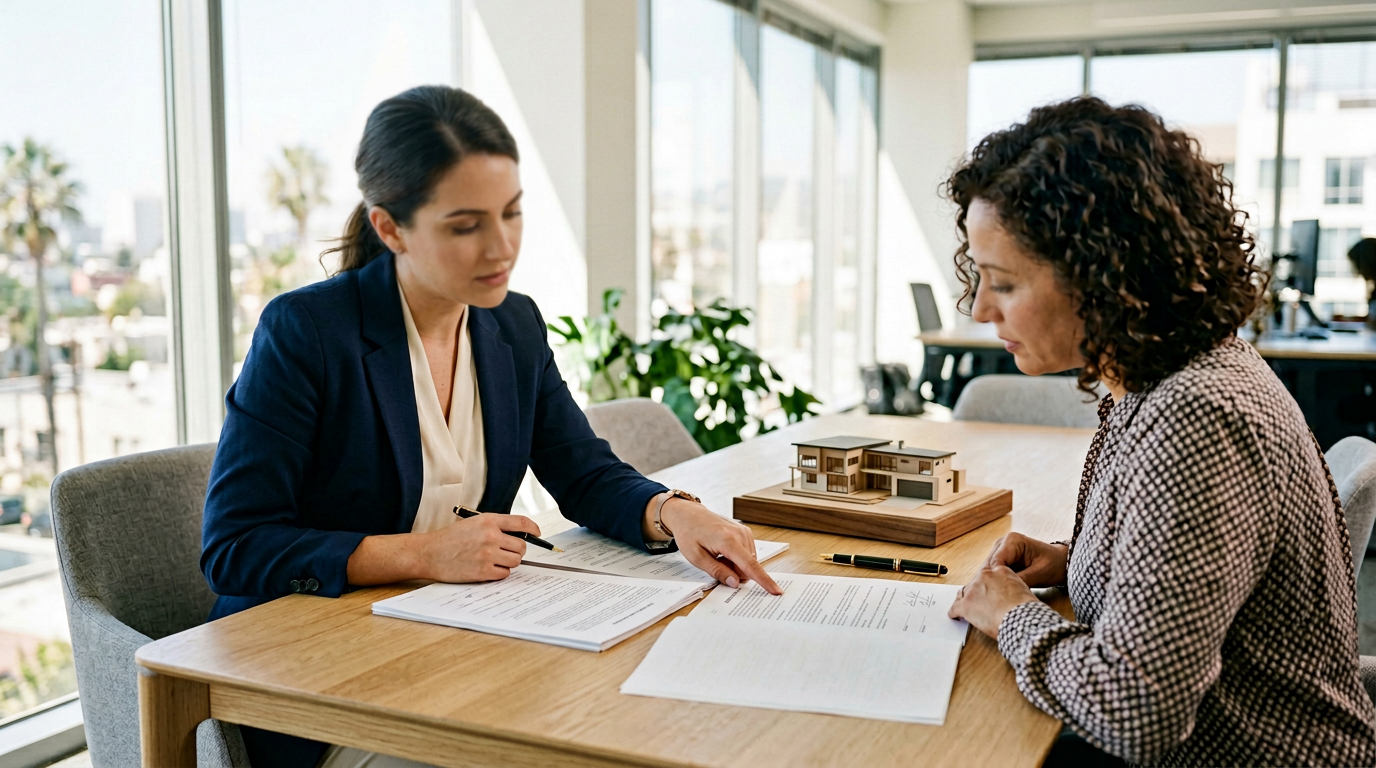California real estate agent reviewing a contract with a client