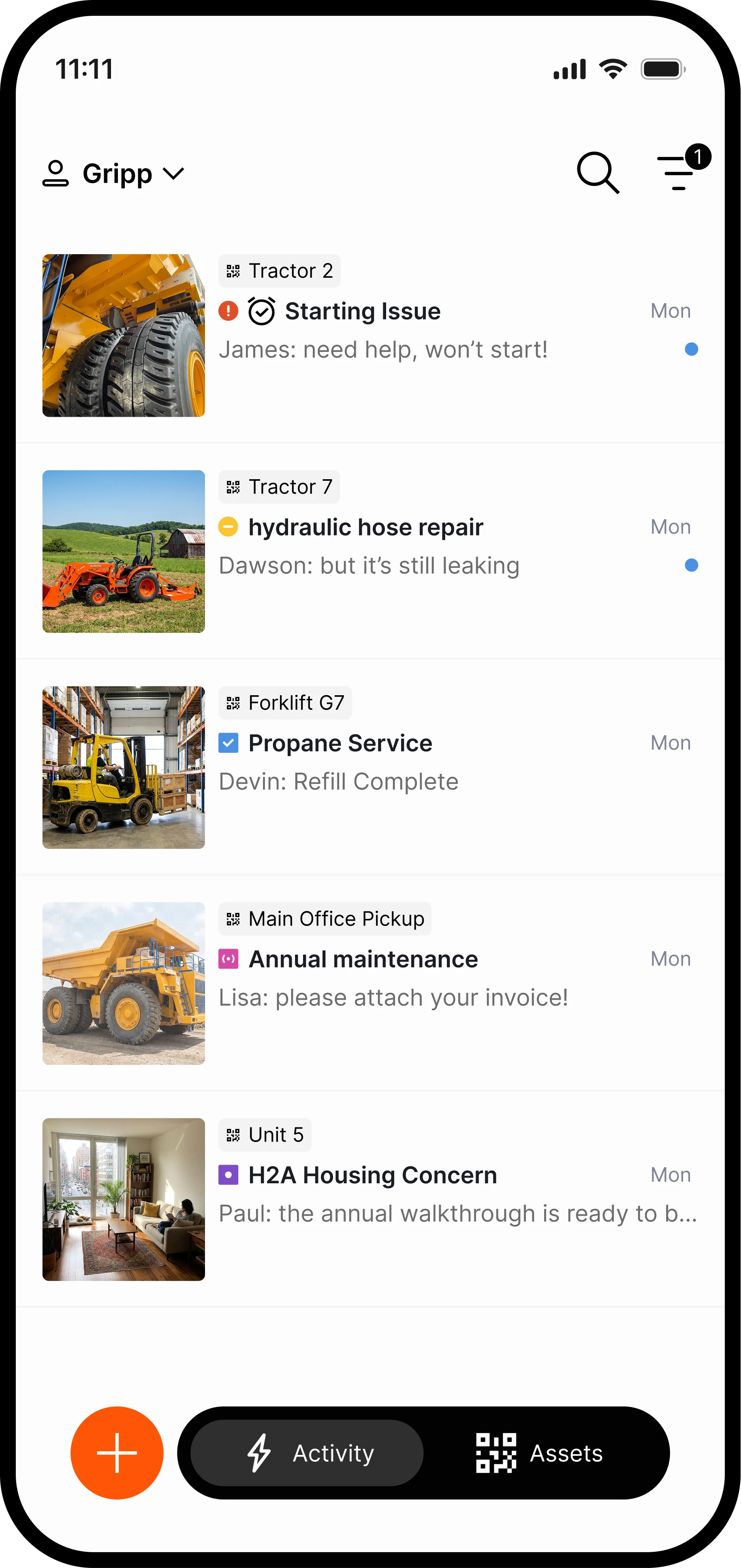 Mobile app screen showing list of equipment maintenance tasks including Starting Issue for Tractor 2, hydraulic hose repair for Tractor 7, Propane Service for Forklift G7, Annual maintenance for Main Office Pickup, and H2A Housing Concern for Unit 5.