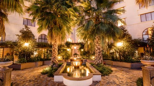 Fountain and palm trees at Hotel Encanto