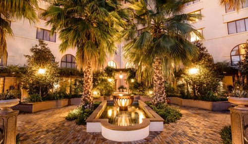Fountain and palm trees at Hotel Encanto