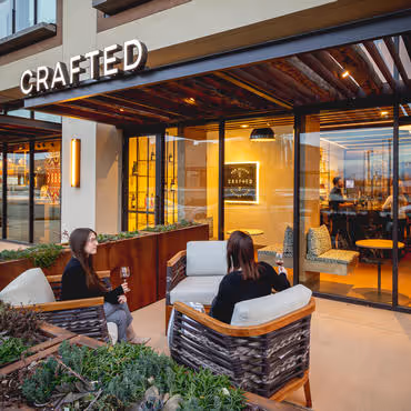 Outdoor patio seating at Crafted Tasting Room at Hotel Chaco