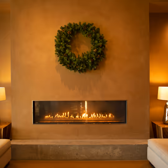 Fireplace and wreath at Hotel Chaco