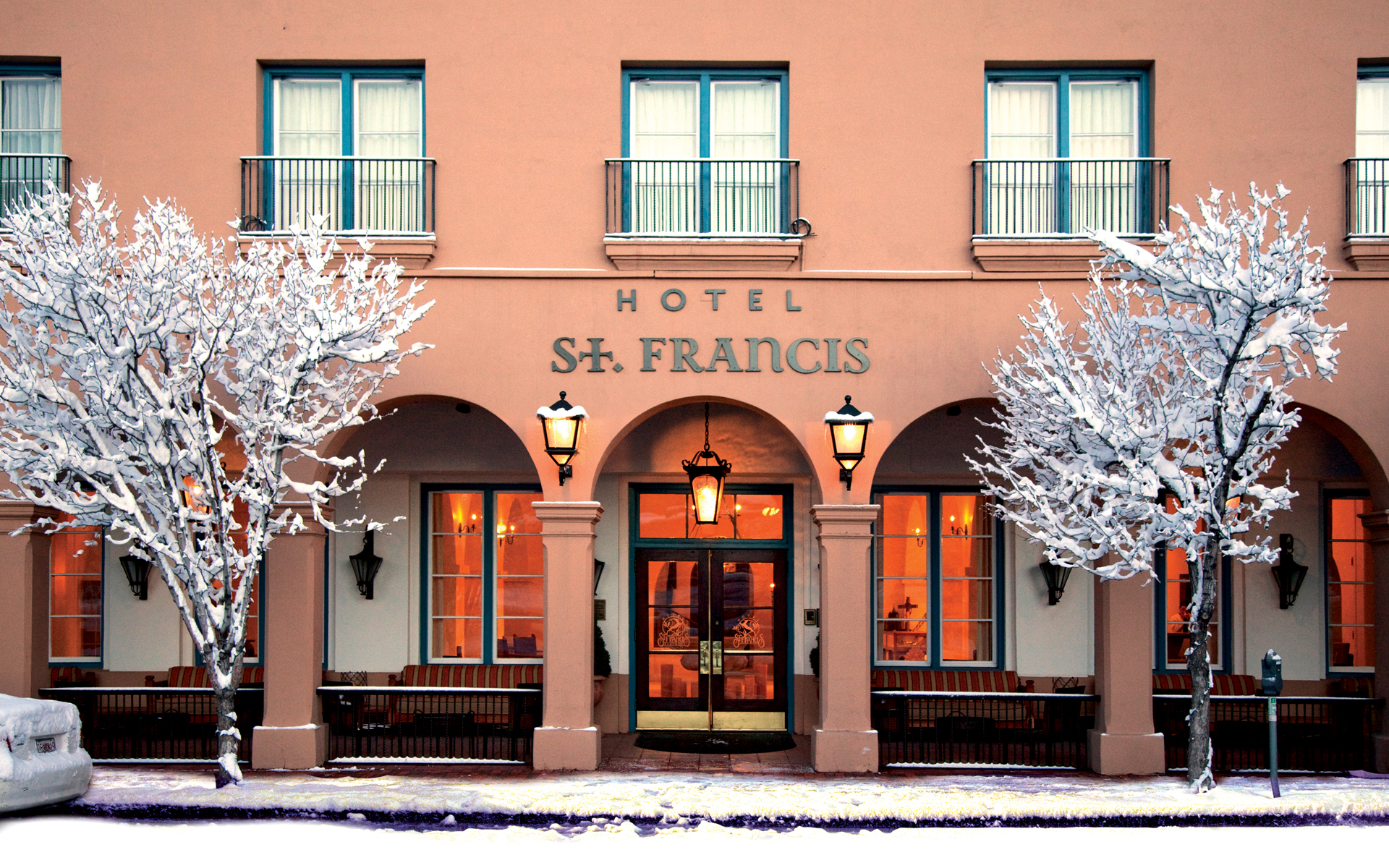 Hotel St. Francis entrance with snow
