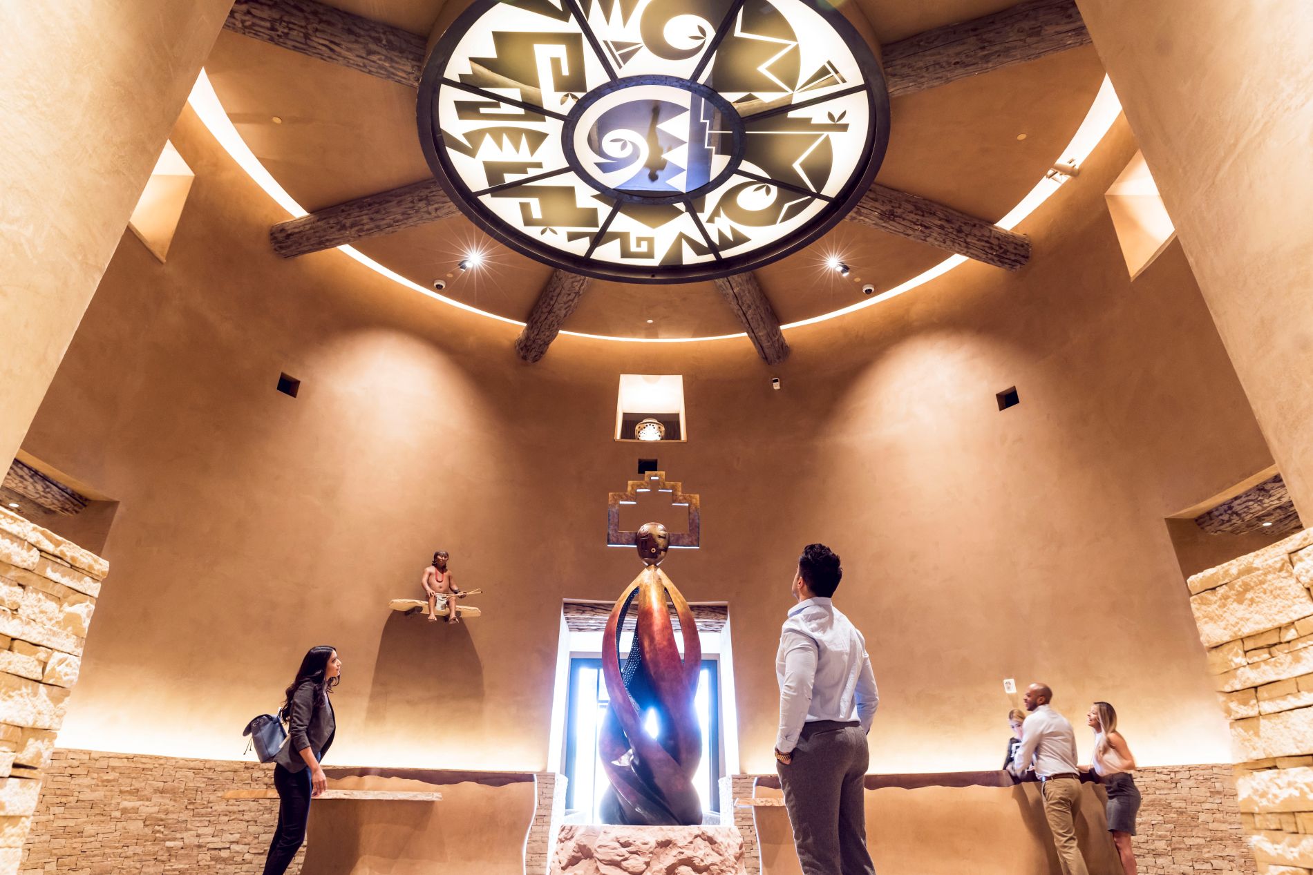 Hotel Chaco lobby with large sculpture and light up piece of art in ceiling
