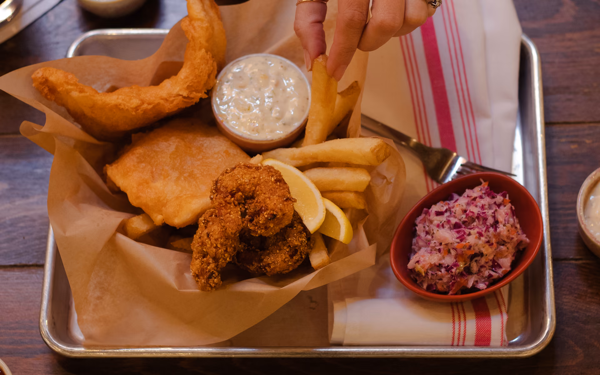 Tray with fried fish and shrimp