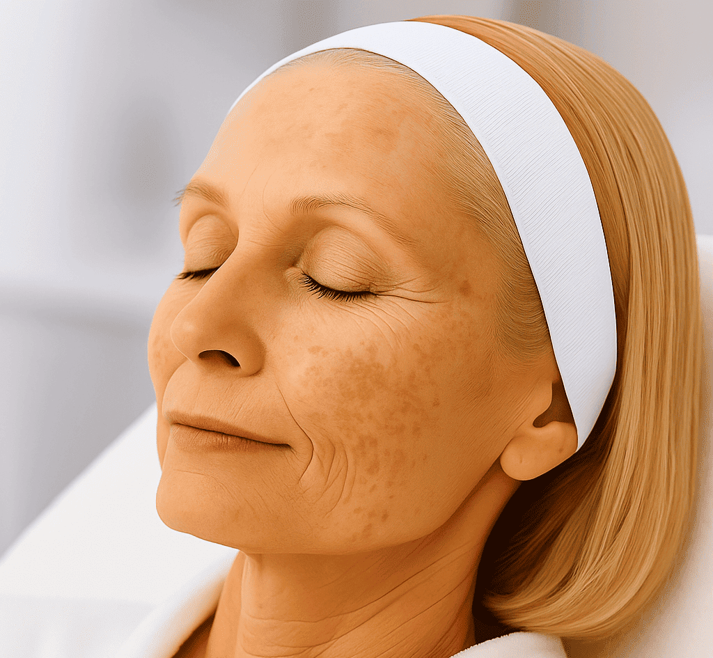 Gezicht van een vrouw met melasma, zichtbaar bruine pigmentvlekken op de wangen en voorhoofd, bij huidtherapeut in Enschede