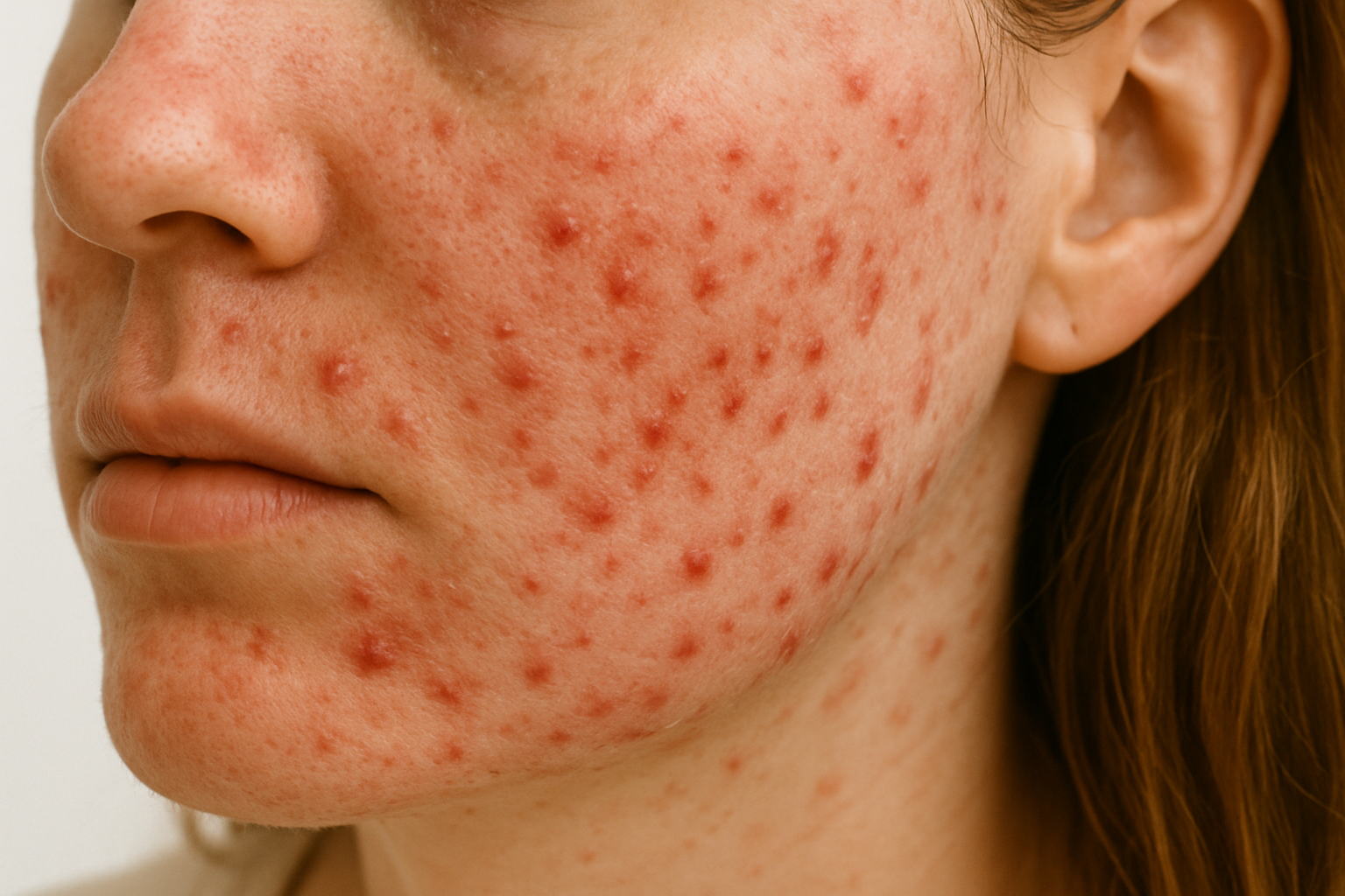 Gezicht met actieve acne en puistjes