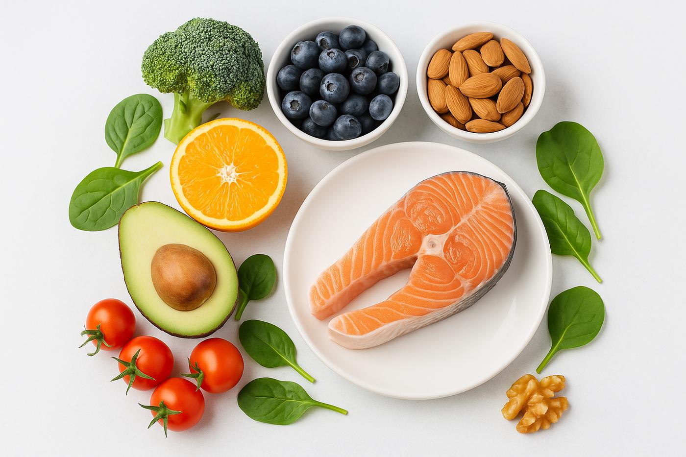 Gezonde voeding met zalm, avocado, noten en fruit ter ondersteuning van huidverbetering in Enschede