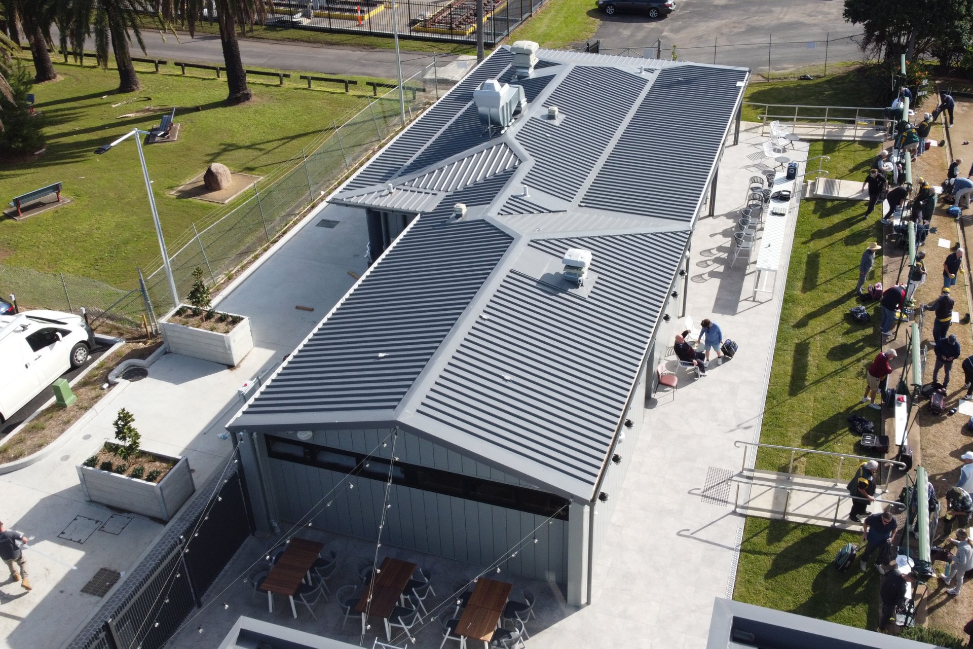 Close up view of commercial building with metal roofing.