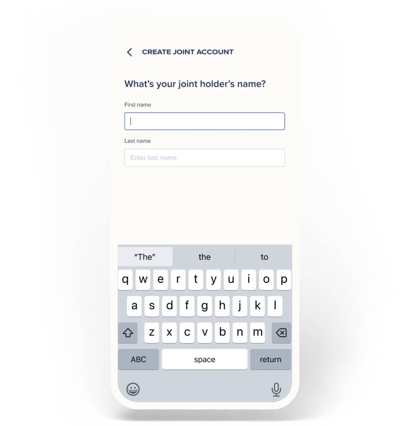 Mobile screen showing a form to enter the first and last name of a joint account holder with keyboard displayed.