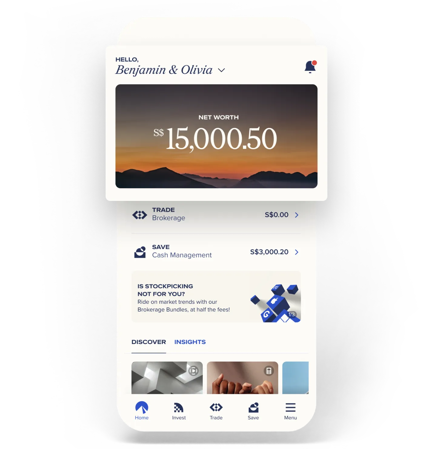Mobile finance app dashboard showing net worth, trade balance, and cash management savings for join account holders.