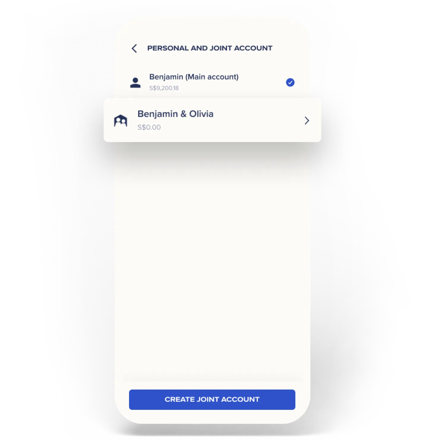Mobile app screen showing personal and joint accounts with balances and option to create a joint account.