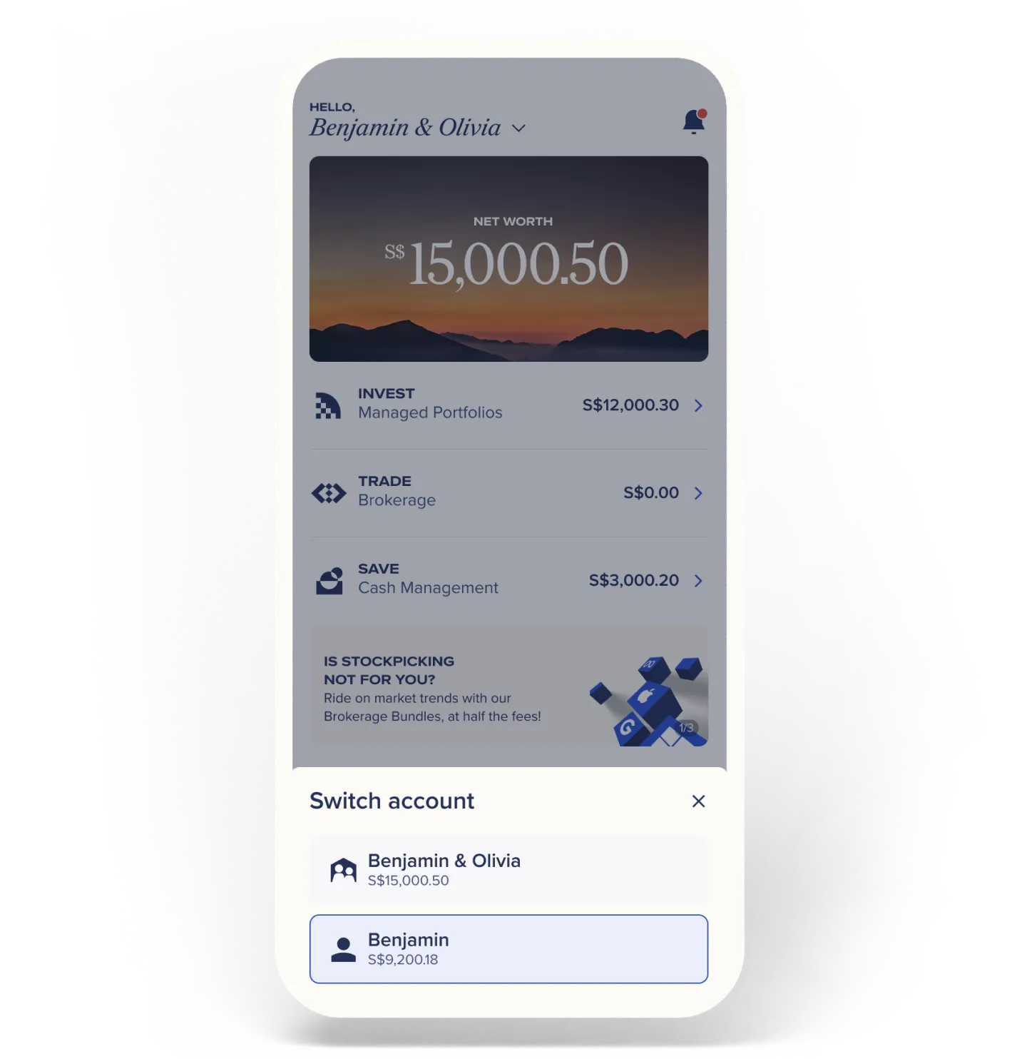 Mobile app screen displaying an option to switch account to personal.