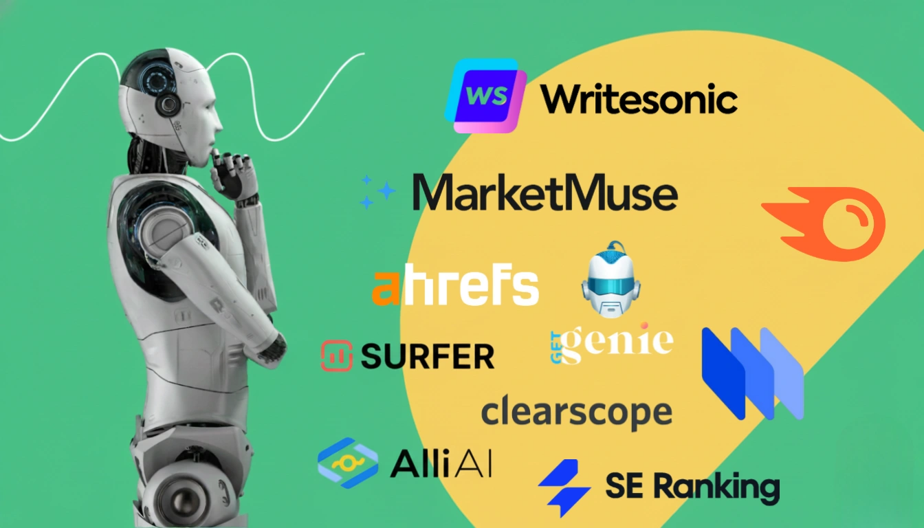 Illustration of an AI robot analyzing top AI search optimization tools including Semrush, Surfer, SE Ranking, Clearscope, Alli AI, and others, representing the best AI SEO tools for 2026.