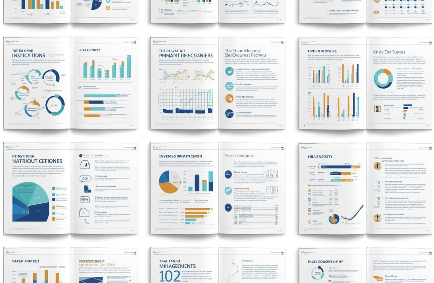 Flat lay of open TranscriptIQ-style research reports displaying professional, data-driven layouts with charts, graphs, and infographics. The pages feature bar graphs, pie charts, and analytical dashboards in TranscriptIQ’s signature blue and gold color palette. The image conveys in-depth primary research, visual analytics, and report-based intelligence—representative of the detailed insights offered on Transcript-IQ.com.