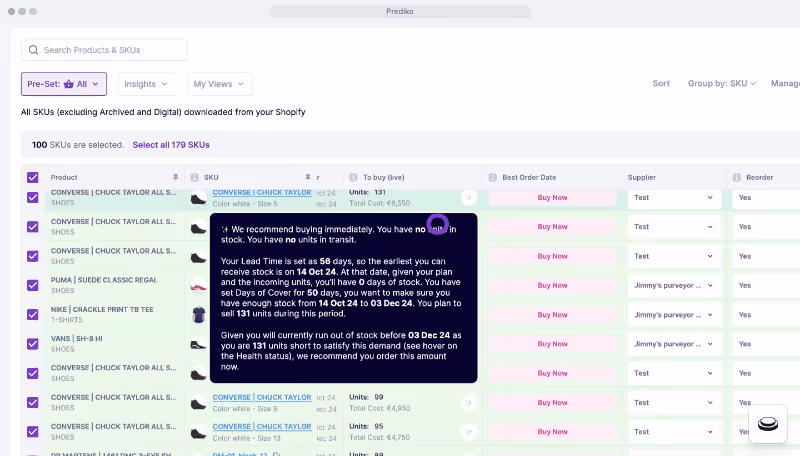purchase order recommendations for bundles on Prediko